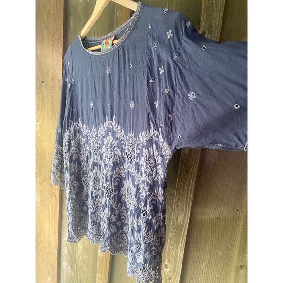 Johnny Was Embroidered Charcoal Gray Tunic XS Eyelet Lace Cupra Rayon - Picture 10 of 16